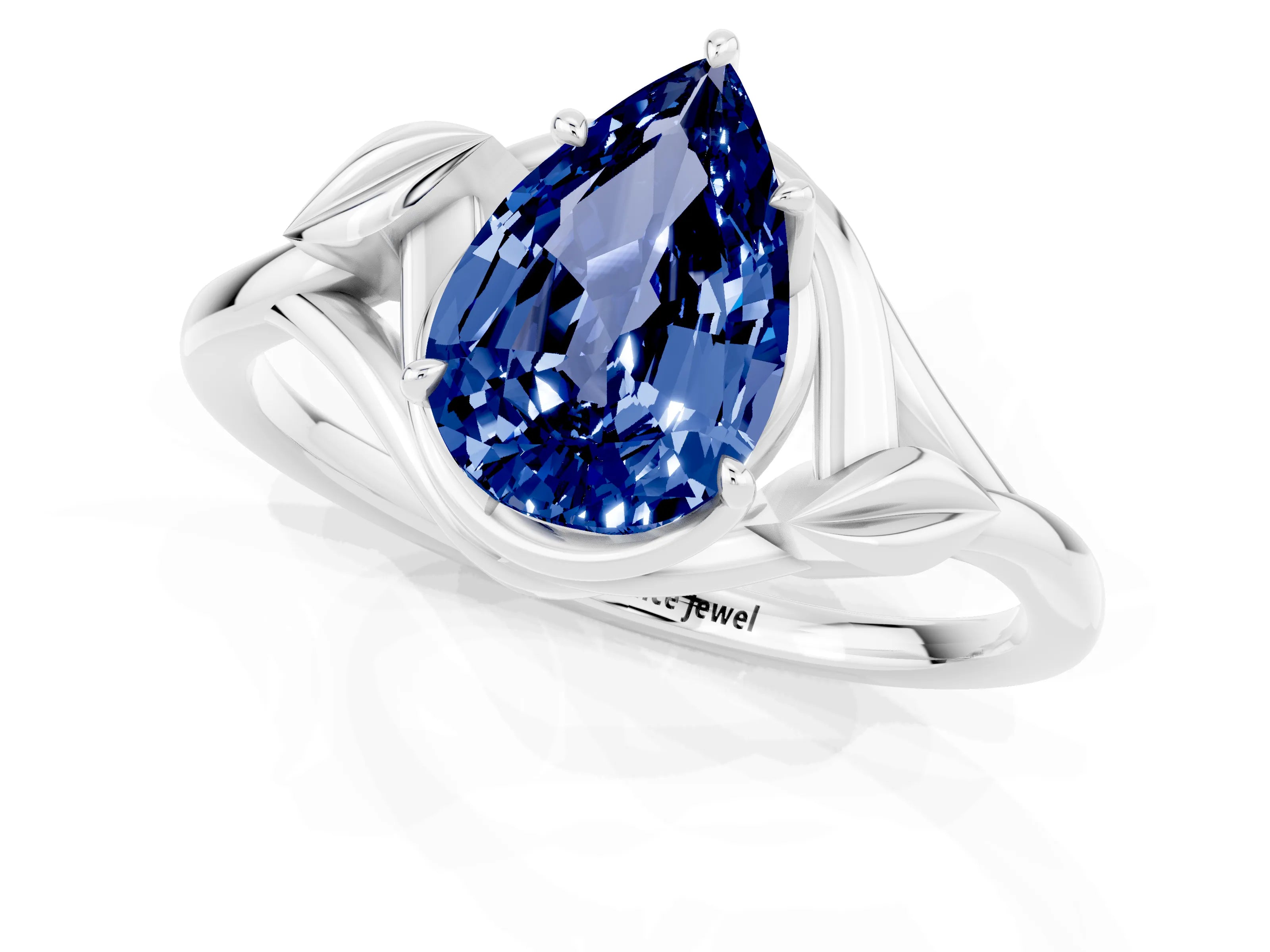 White gold Pear Cut Blue Sapphire Solitaire Ring with Twist Band and Four-Prong Setting_37