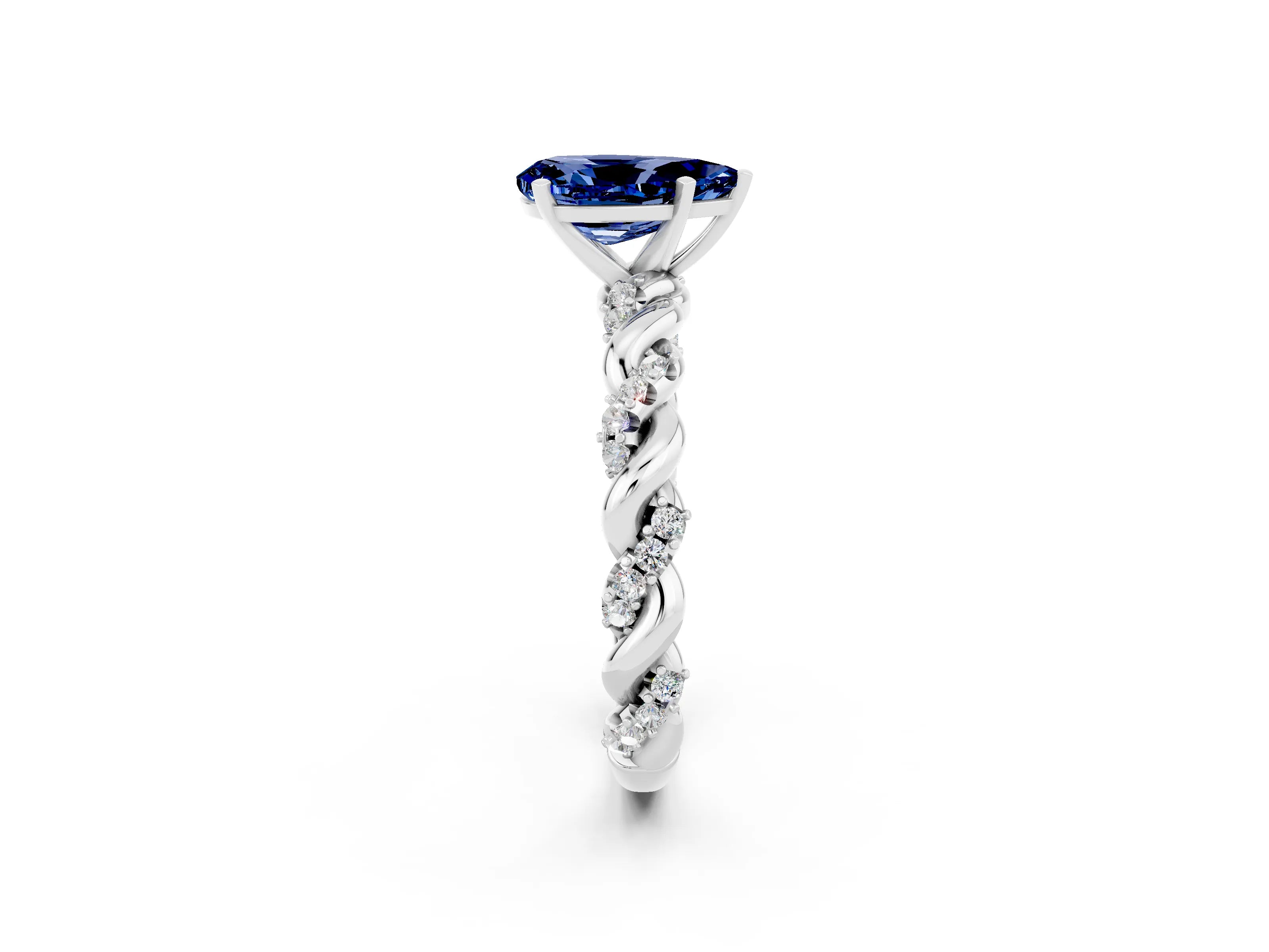 White gold Pear Cut Blue Sapphire Solitaire Ring with Twisted Band and Pavé Accents_2