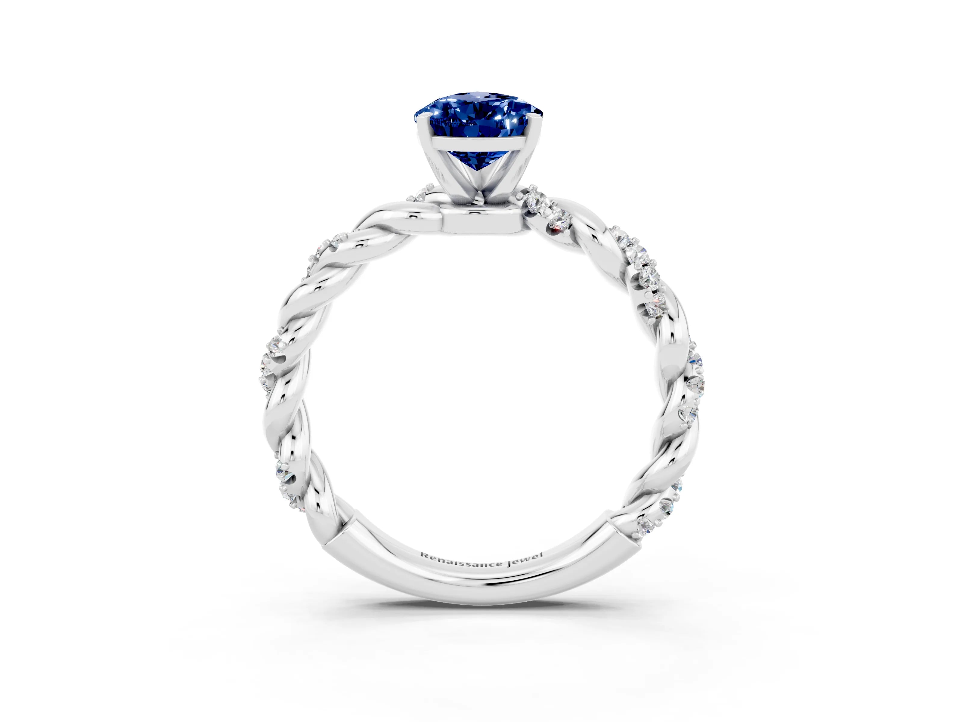 White gold Pear Cut Blue Sapphire Solitaire Ring with Twisted Band and Pavé Accents_3