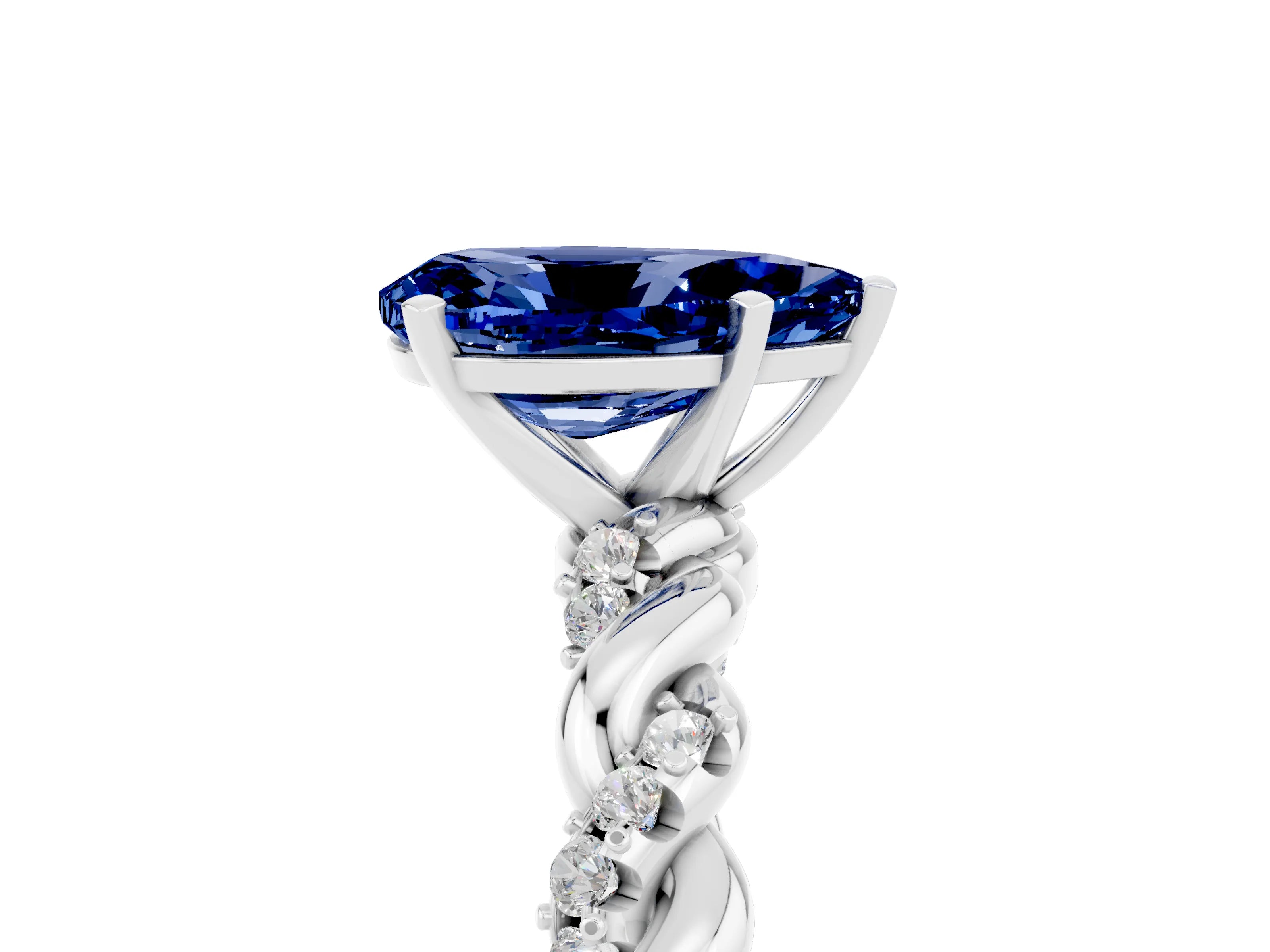 White gold Pear Cut Blue Sapphire Solitaire Ring with Twisted Band and Pavé Accents_5