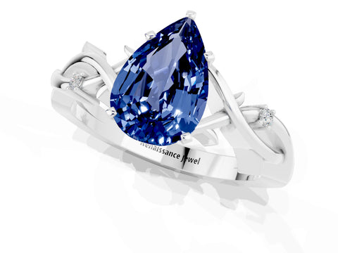 White gold Pear Cut Blue Sapphire Solitaire Ring with Twisted Band and Prong Setting_13