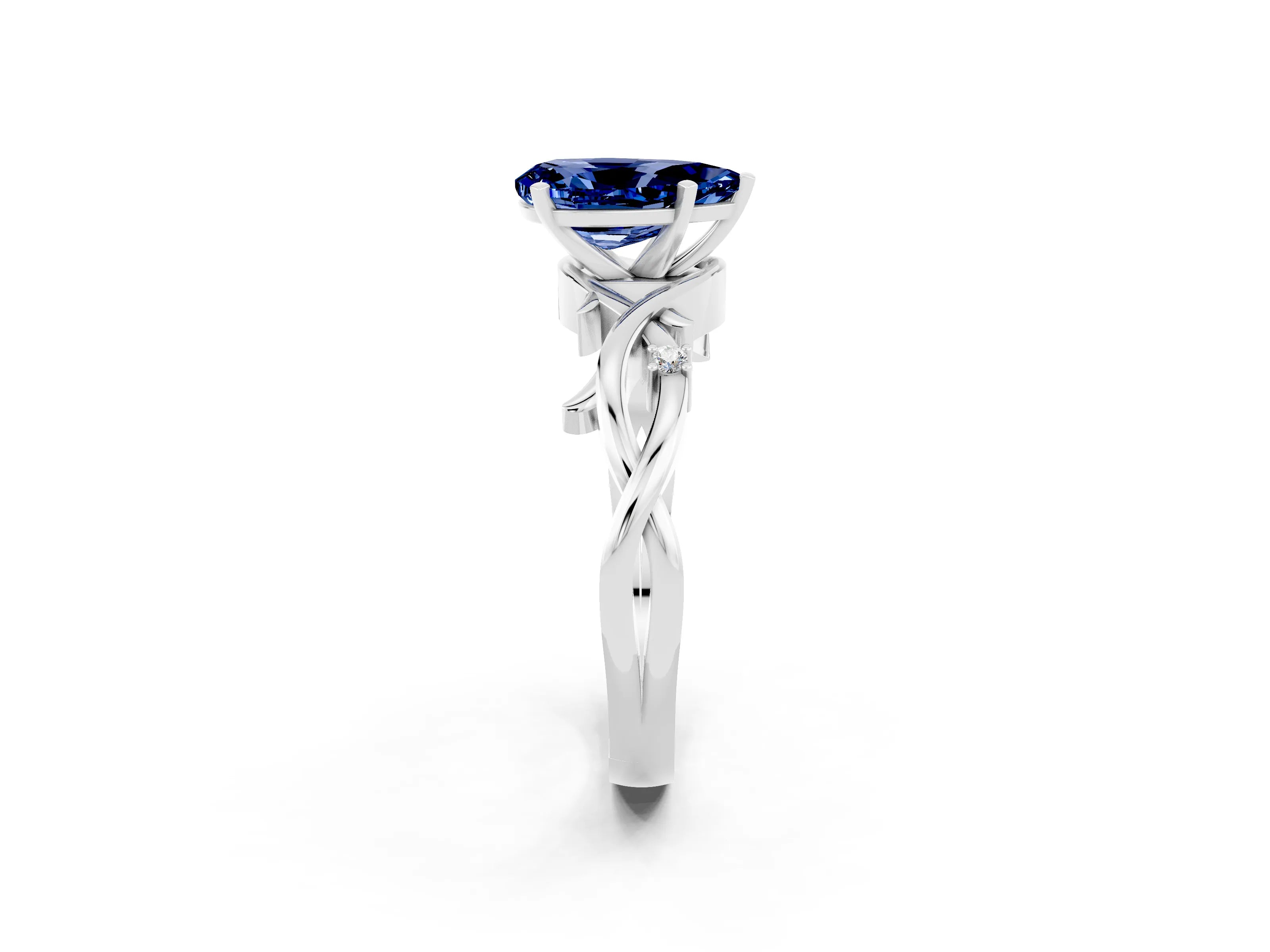 White gold Pear Cut Blue Sapphire Solitaire Ring with Twisted Band and Prong Setting_14