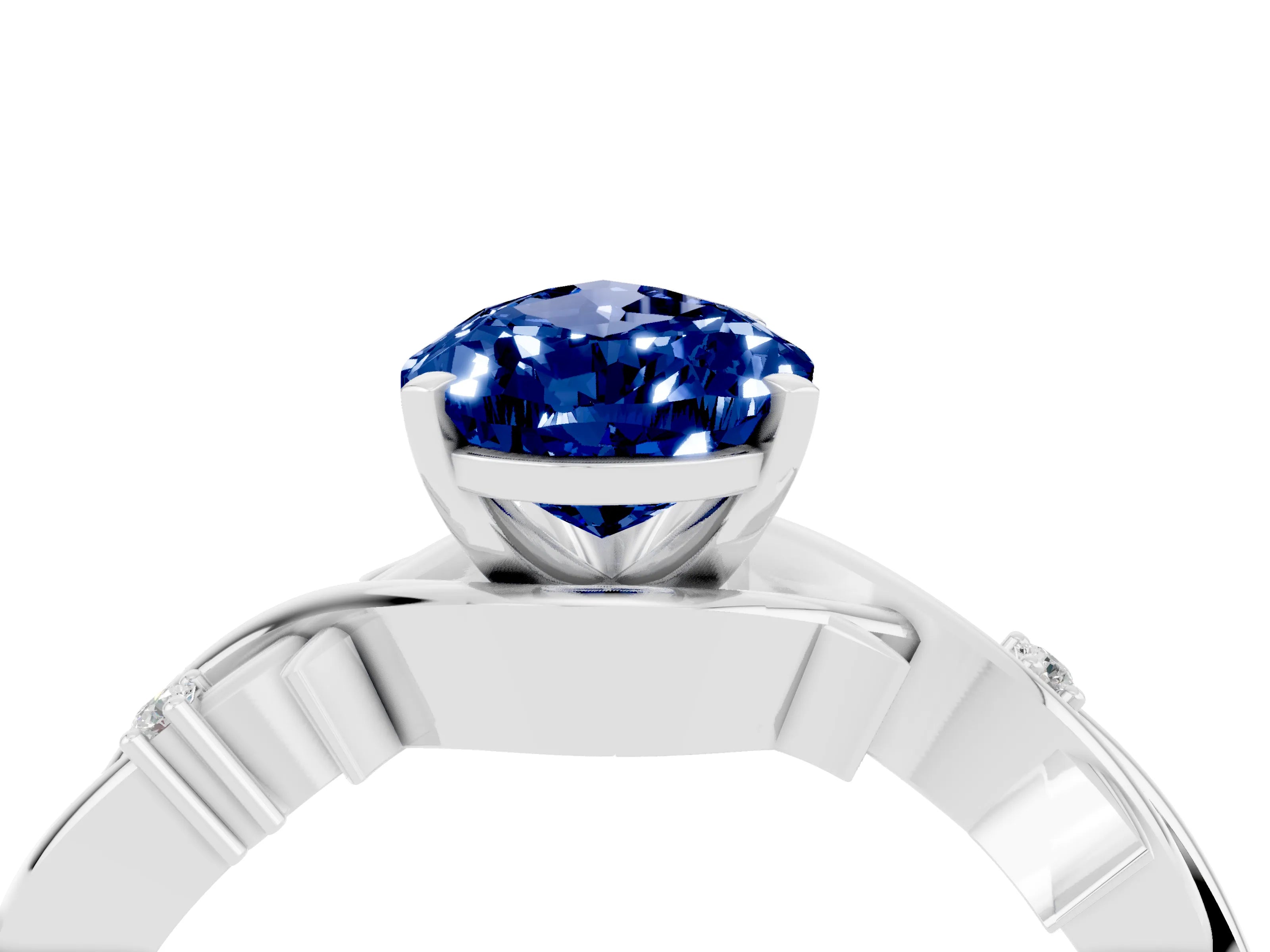 White gold Pear Cut Blue Sapphire Solitaire Ring with Twisted Band and Prong Setting_16