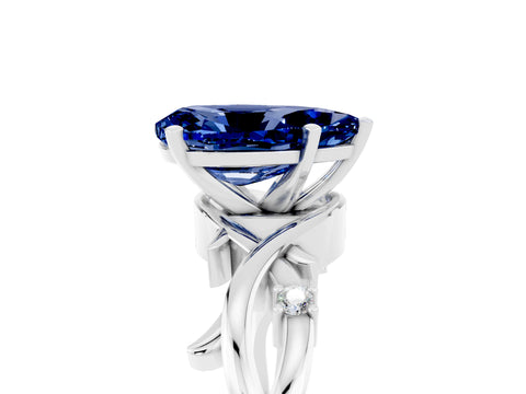 White gold Pear Cut Blue Sapphire Solitaire Ring with Twisted Band and Prong Setting_17