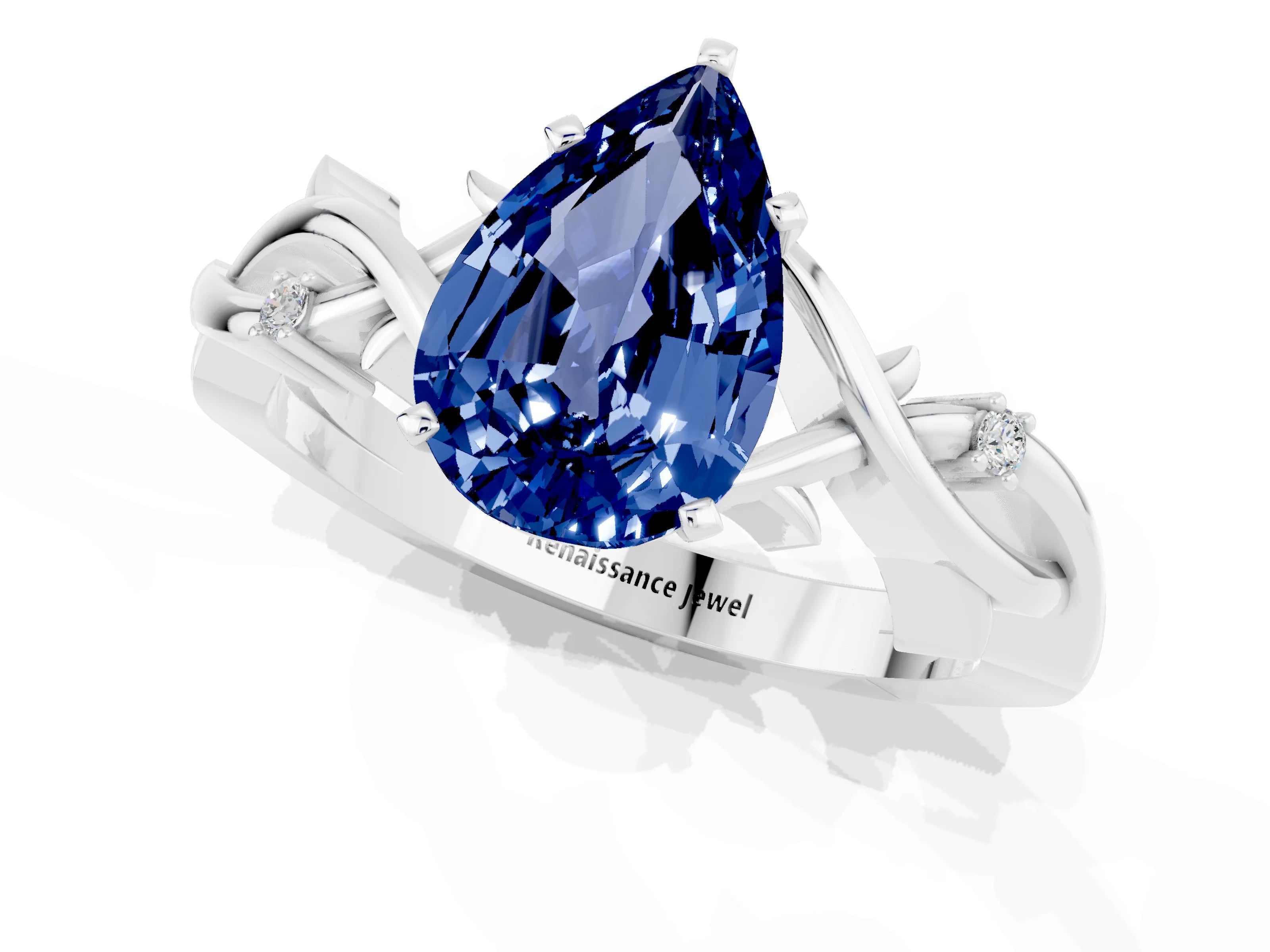 White gold Pear Cut Blue Sapphire Solitaire Ring with Twisted Band and Prong Setting_1