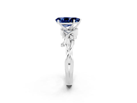 White gold Pear Cut Blue Sapphire Solitaire Ring with Twisted Band and Prong Setting_2
