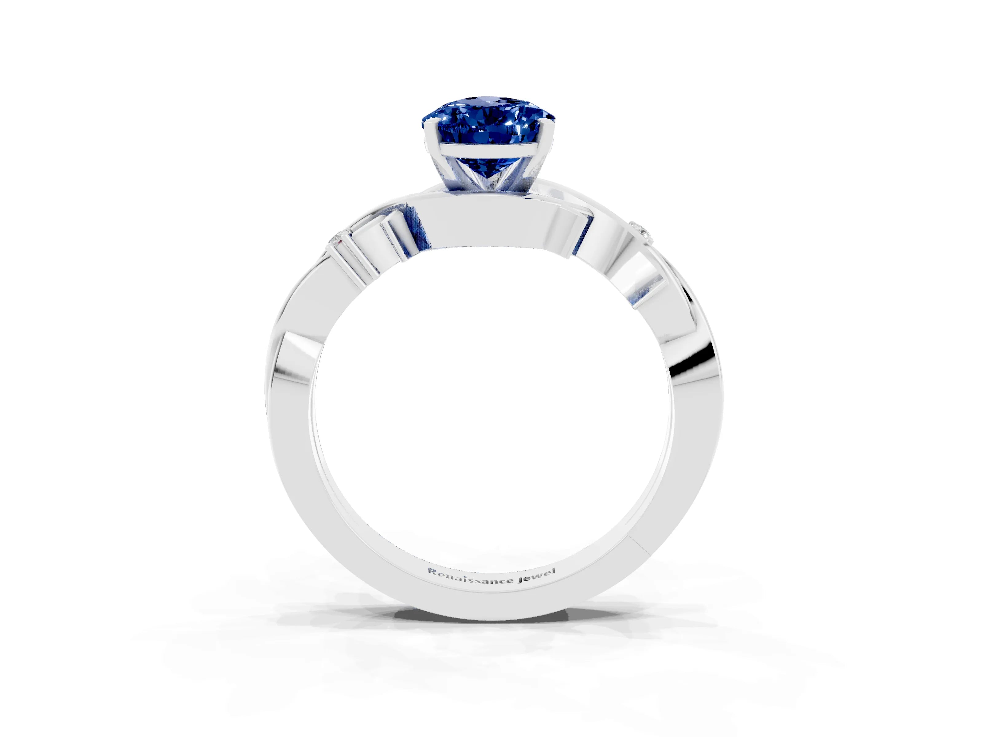White gold Pear Cut Blue Sapphire Solitaire Ring with Twisted Band and Prong Setting_3