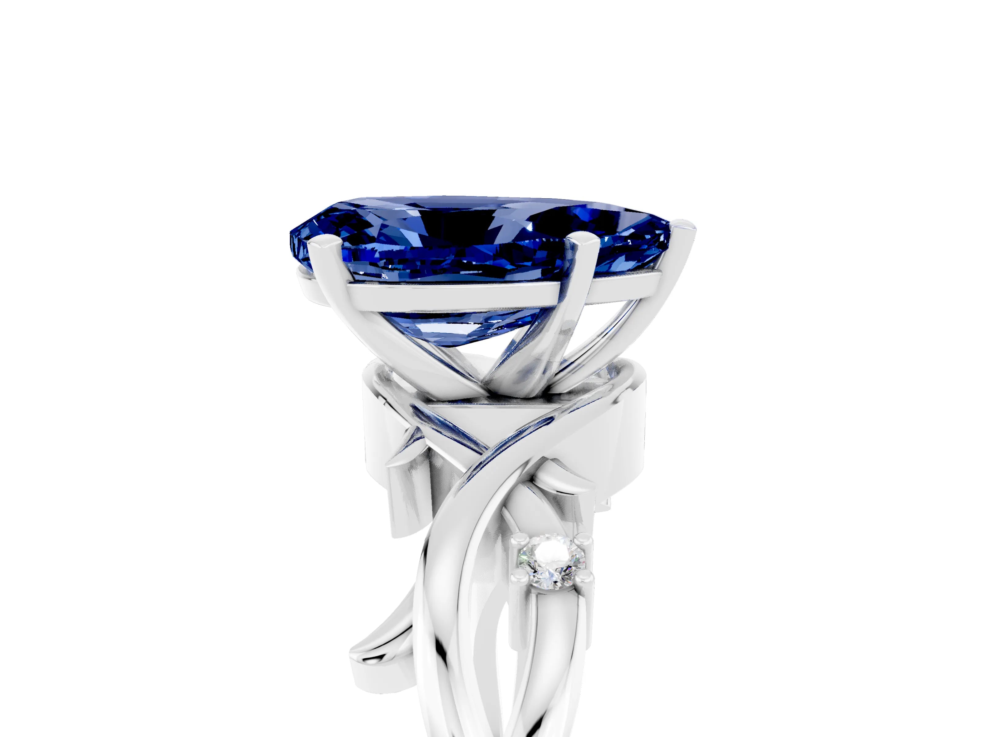 White gold Pear Cut Blue Sapphire Solitaire Ring with Twisted Band and Prong Setting_5