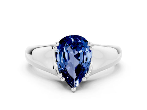 White gold Pear Cut Blue Sapphire Solitaire Ring with Wide Band and Prong Setting