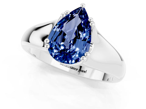 White gold Pear Cut Blue Sapphire Solitaire Ring with Wide Band and Prong Setting_1