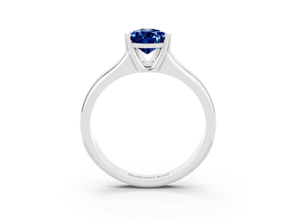 White gold Pear Cut Blue Sapphire Solitaire Ring with Wide Band and Prong Setting