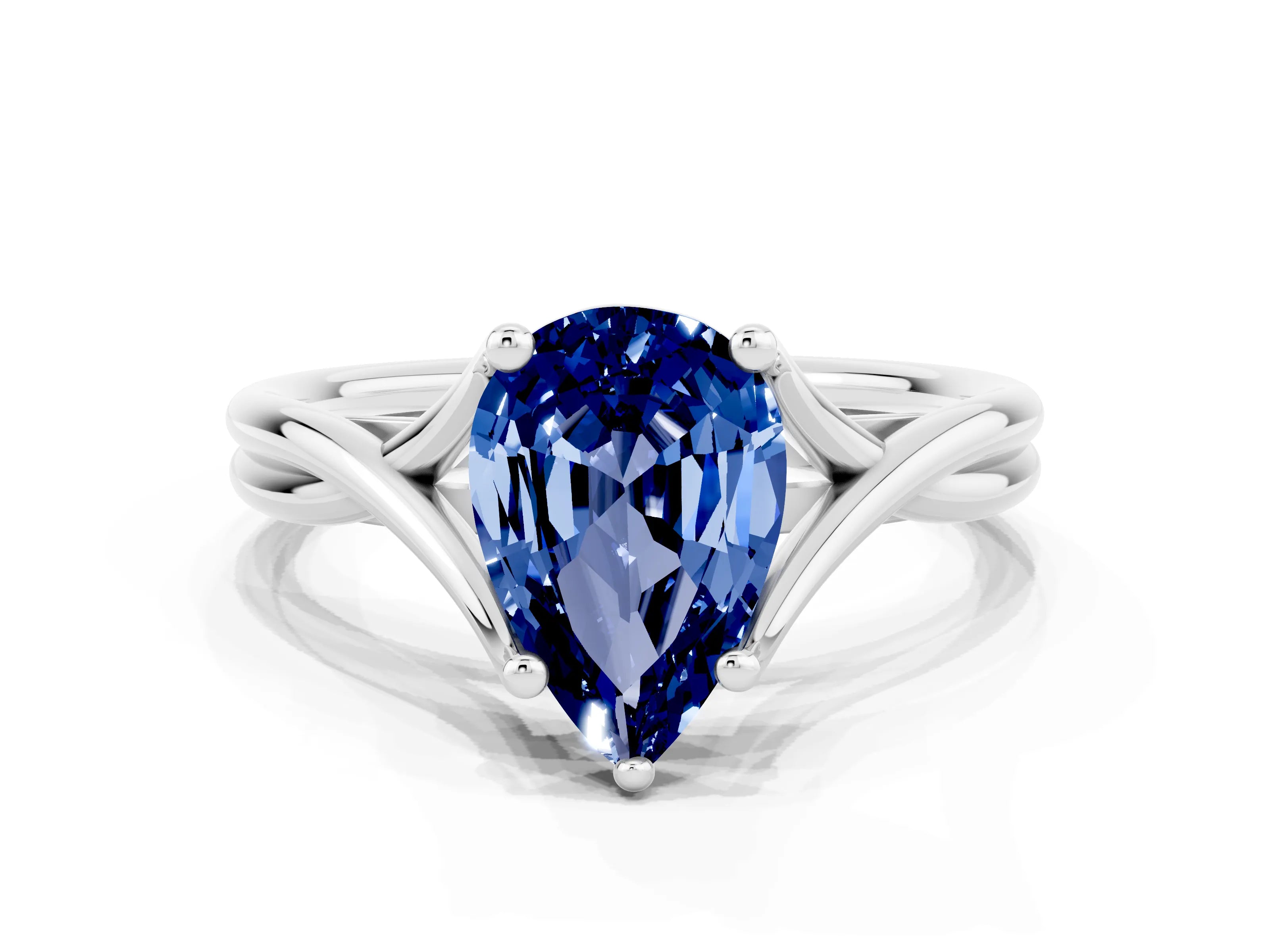 White gold Pear Cut Blue Sapphire Solitaire Twist Band Prong Setting Ring_58