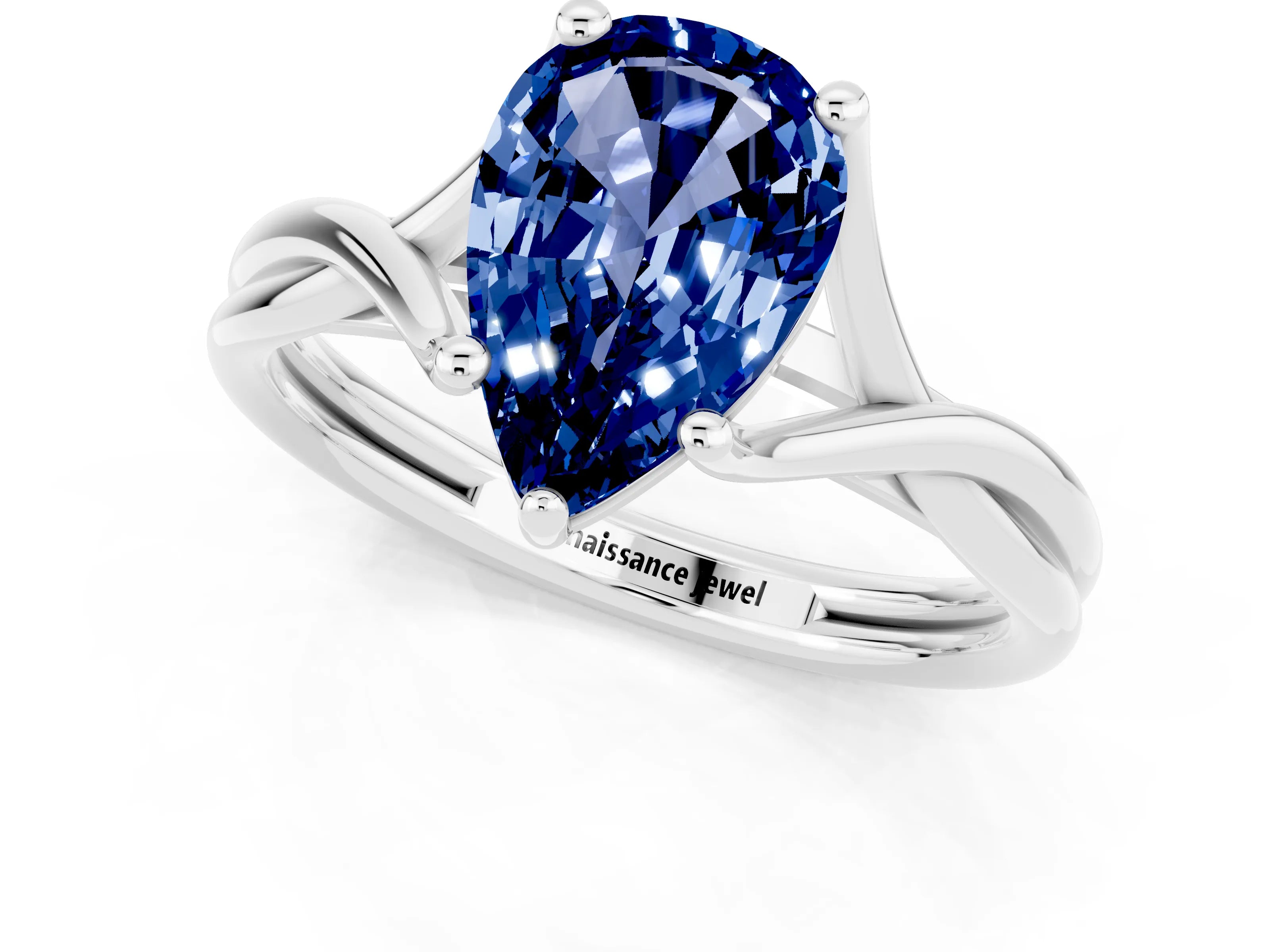 White gold Pear Cut Blue Sapphire Solitaire Twist Band Prong Setting Ring_61