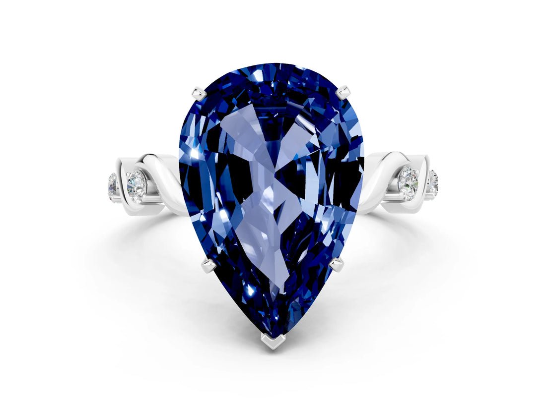 White gold Pear Cut Blue Sapphire Solitaire Twisted Band with Round  Accents and Prong Setting_12