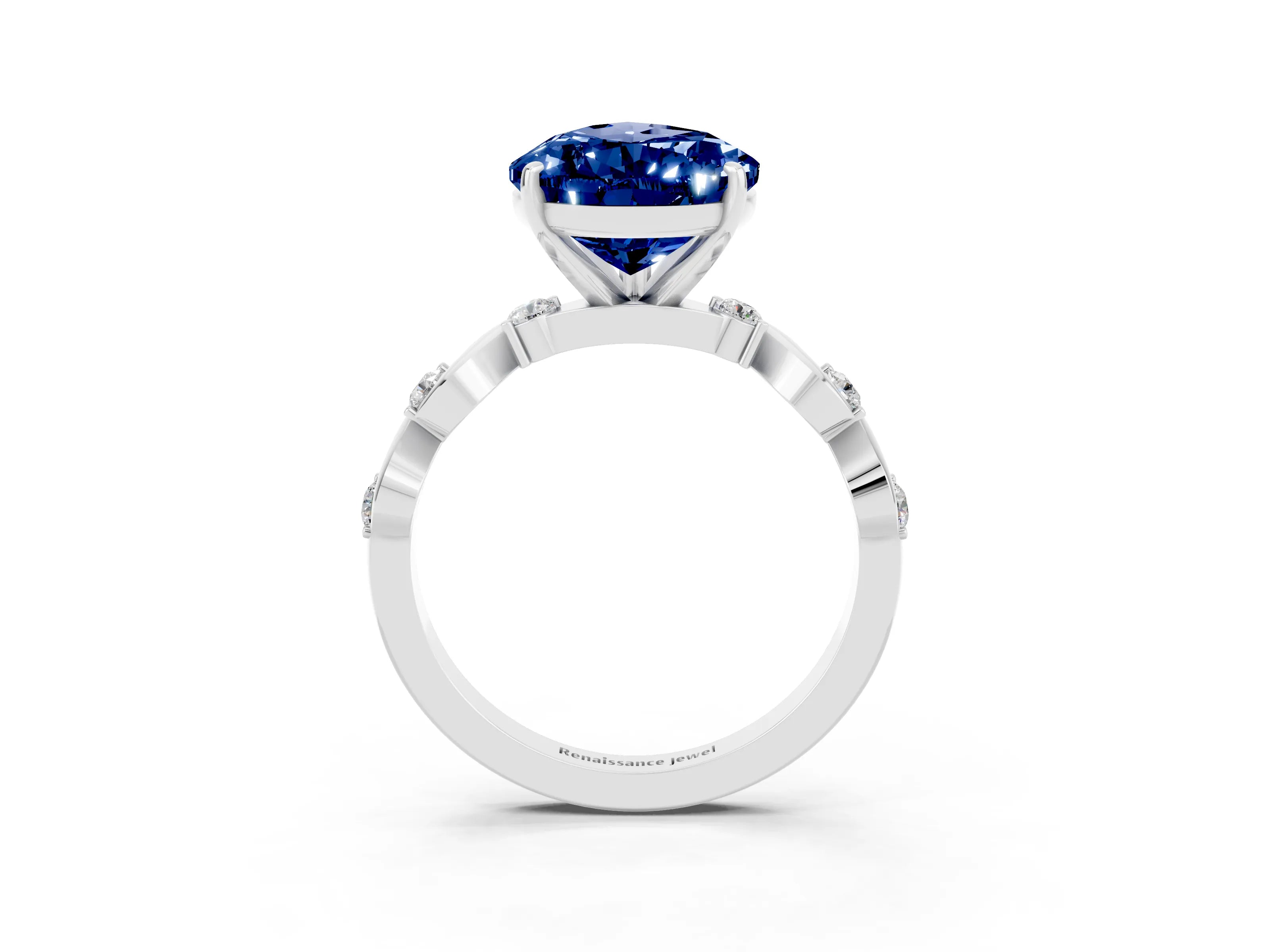 White gold Pear Cut Blue Sapphire Solitaire Twisted Band with Round  Accents and Prong Setting_15