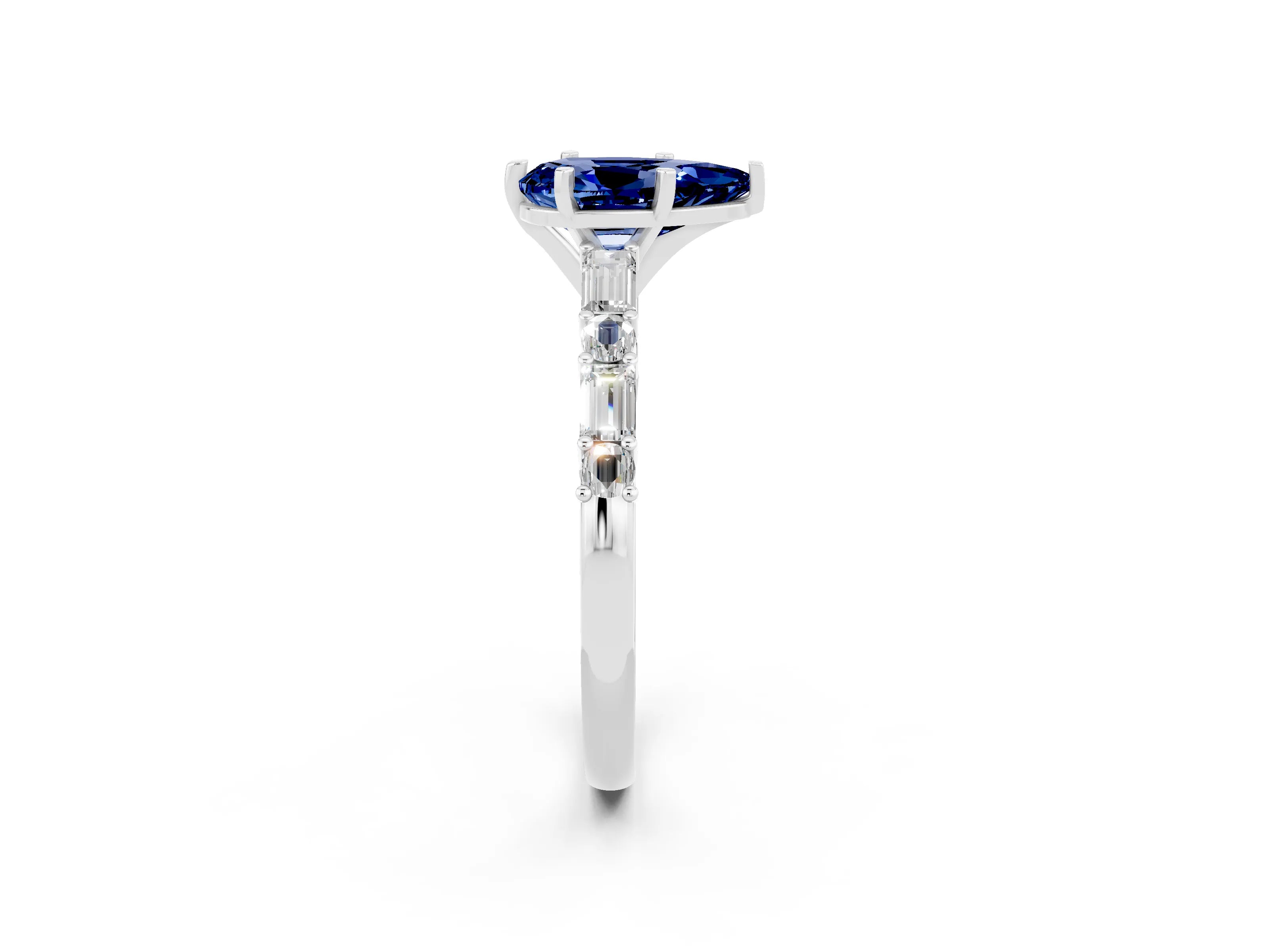 White gold Pear Cut Blue Sapphire Solitaire with Side Baguettes and Channel Set Band_2