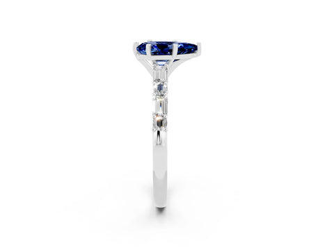 White gold Pear Cut Blue Sapphire Solitaire with Side Baguettes and Channel Set Band_2