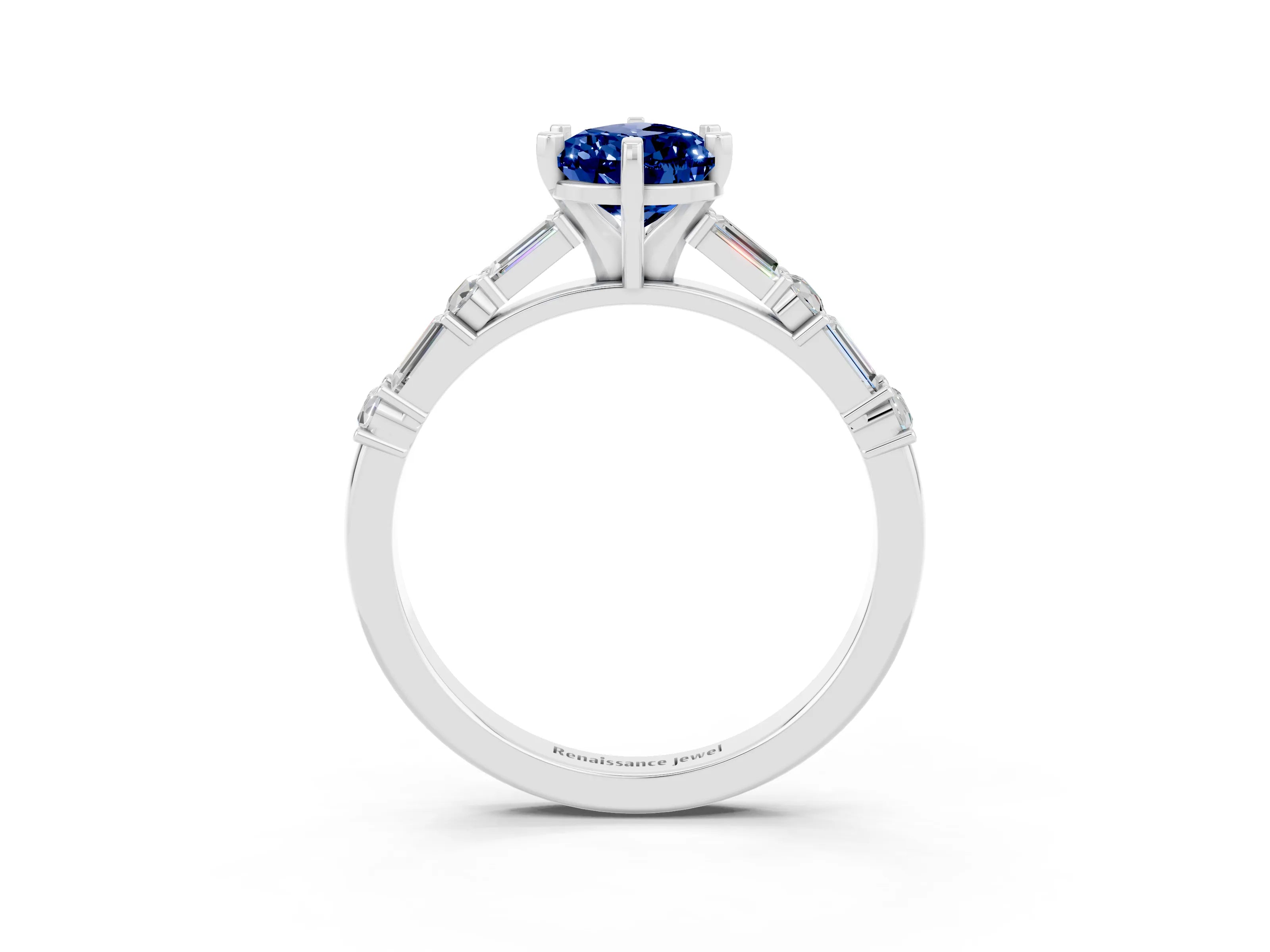 White gold Pear Cut Blue Sapphire Solitaire with Side Baguettes and Channel Set Band_3