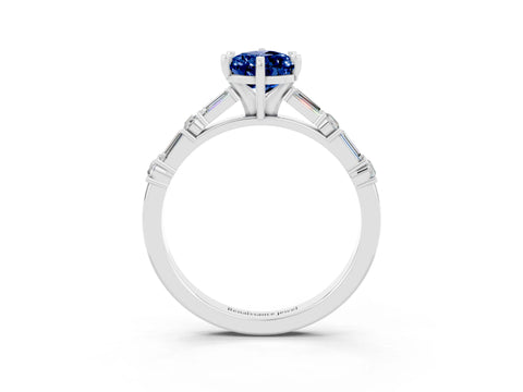 White gold Pear Cut Blue Sapphire Solitaire with Side Baguettes and Channel Set Band_3