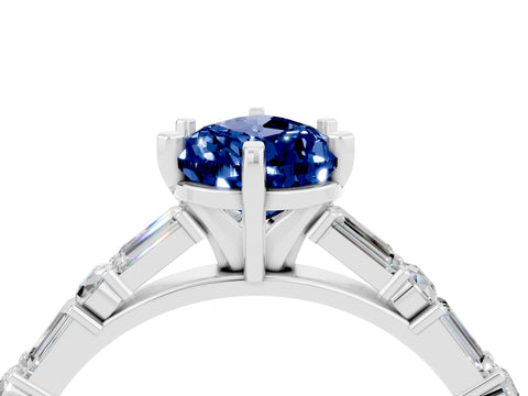 White gold Pear Cut Blue Sapphire Solitaire with Side Baguettes and Channel Set Band_4