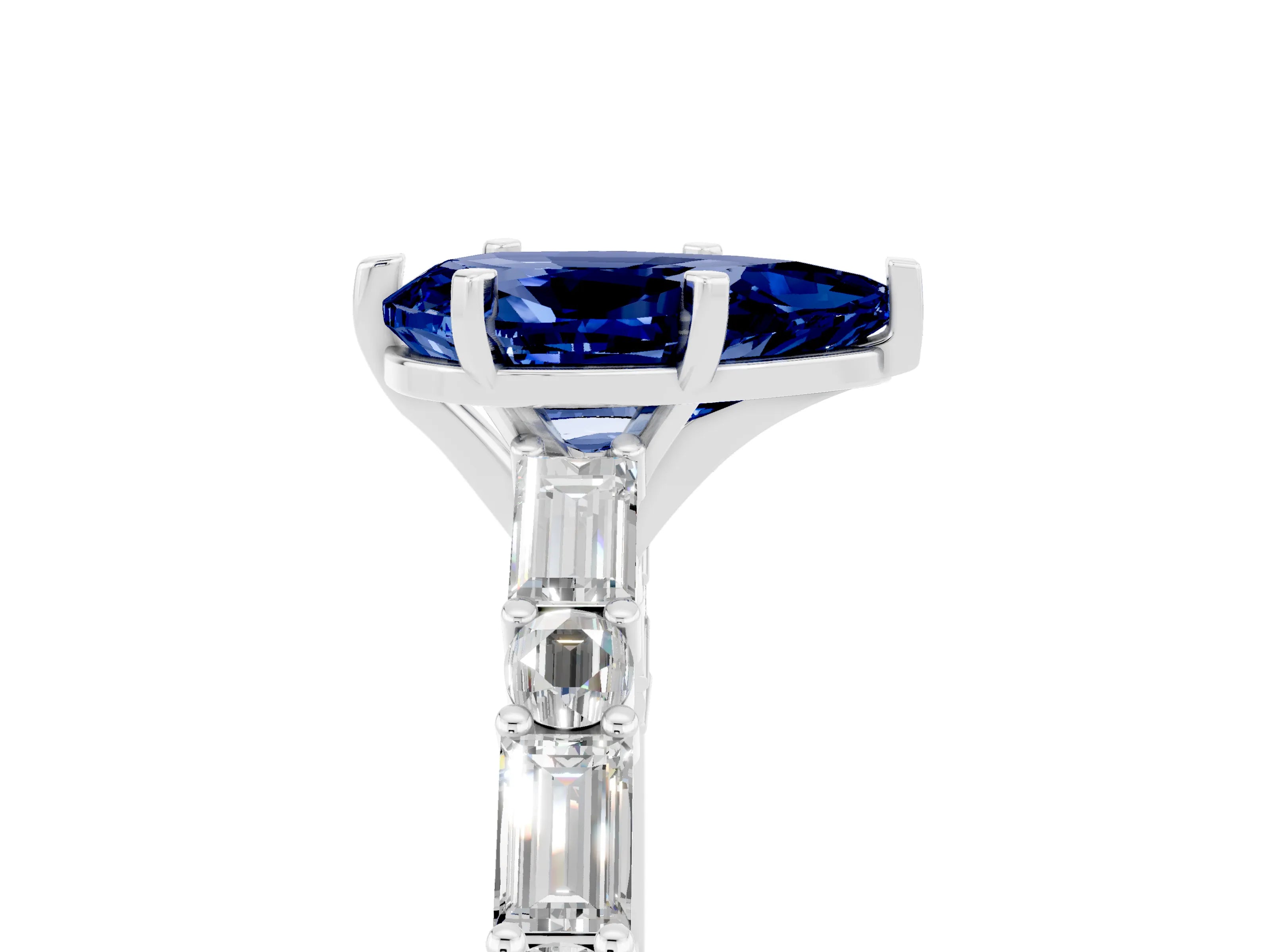 White gold Pear Cut Blue Sapphire Solitaire with Side Baguettes and Channel Set Band_5