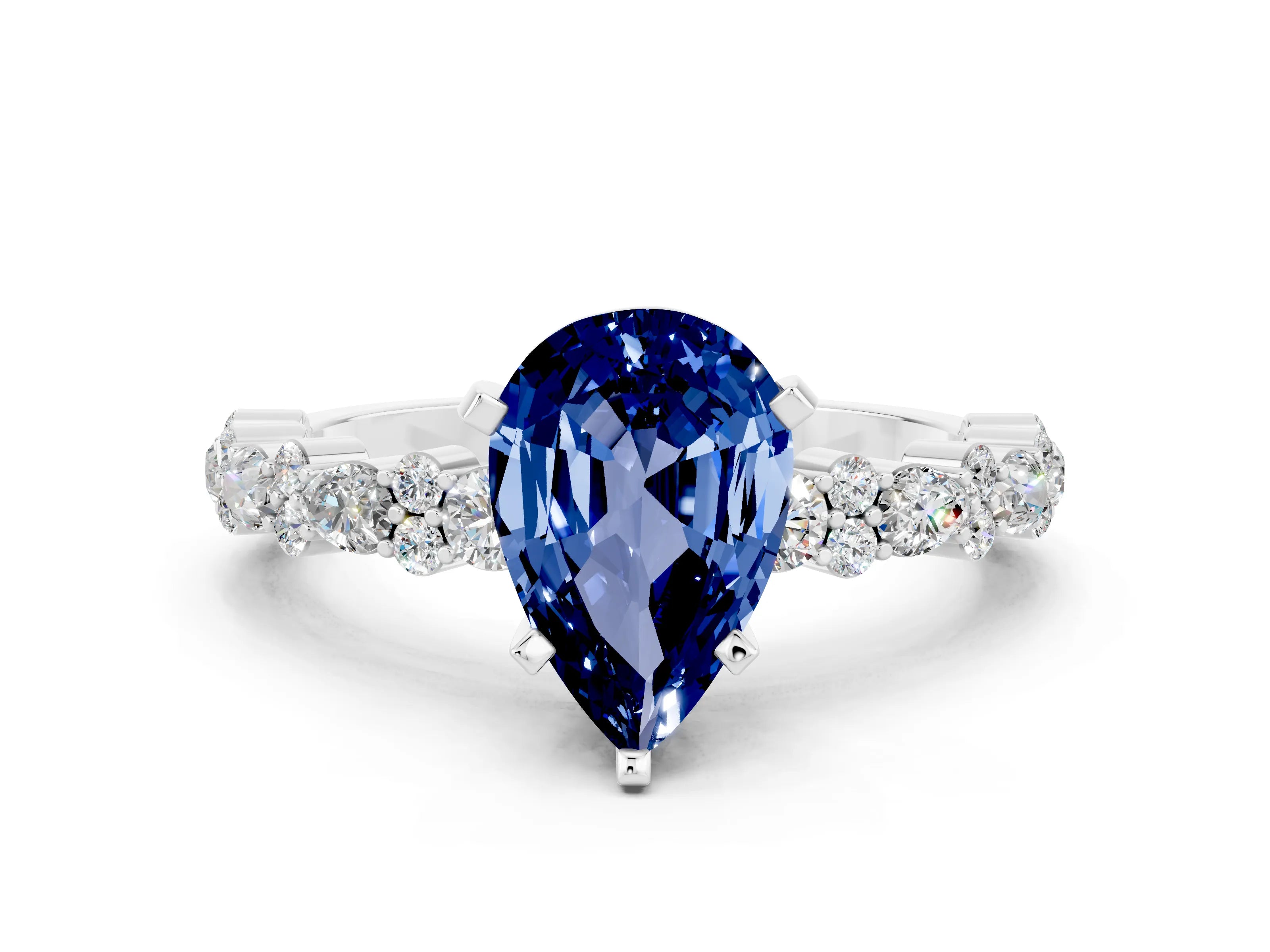 White gold Pear Cut Blue Sapphire Solitaire with Side Stones, Pave Band, Four-Prong Setting_24