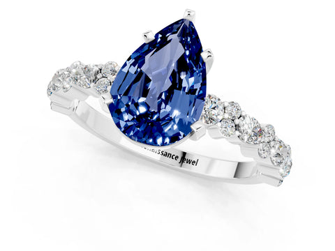 White gold Pear Cut Blue Sapphire Solitaire with Side Stones, Pave Band, Four-Prong Setting_25