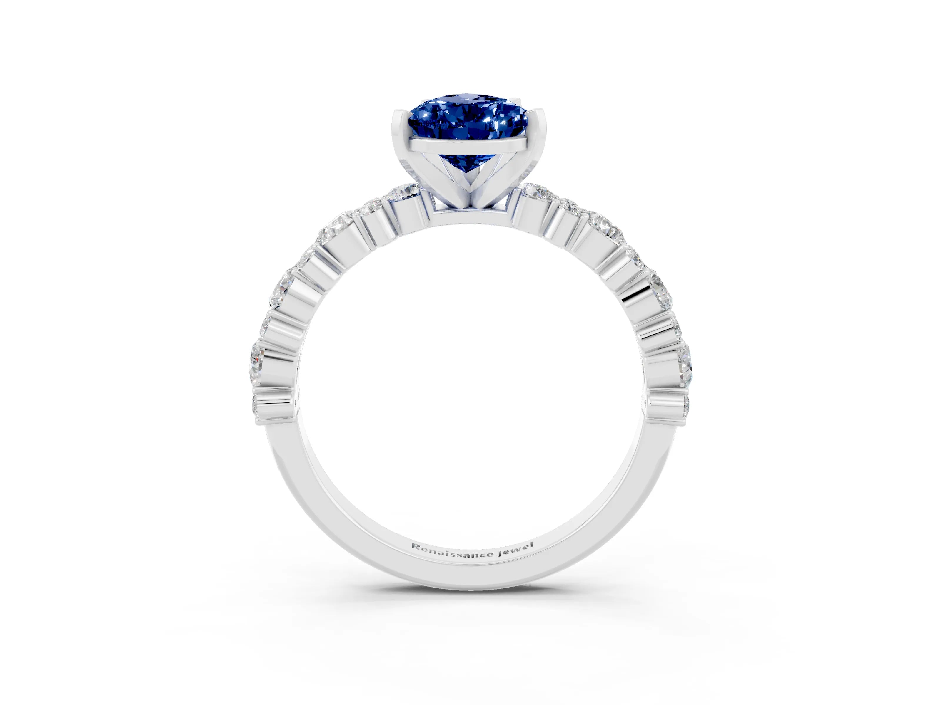 White gold Pear Cut Blue Sapphire Solitaire with Side Stones, Pave Band, Four-Prong Setting_27
