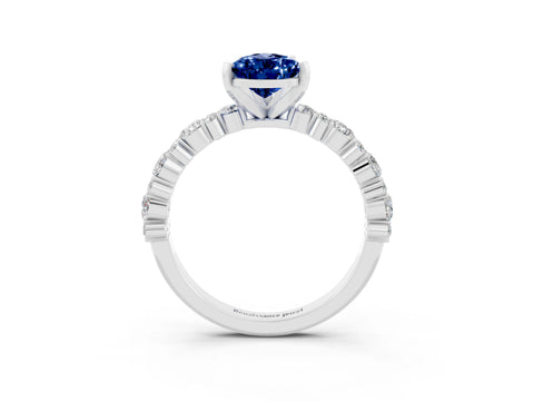 White gold Pear Cut Blue Sapphire Solitaire with Side Stones, Pave Band, Four-Prong Setting_27