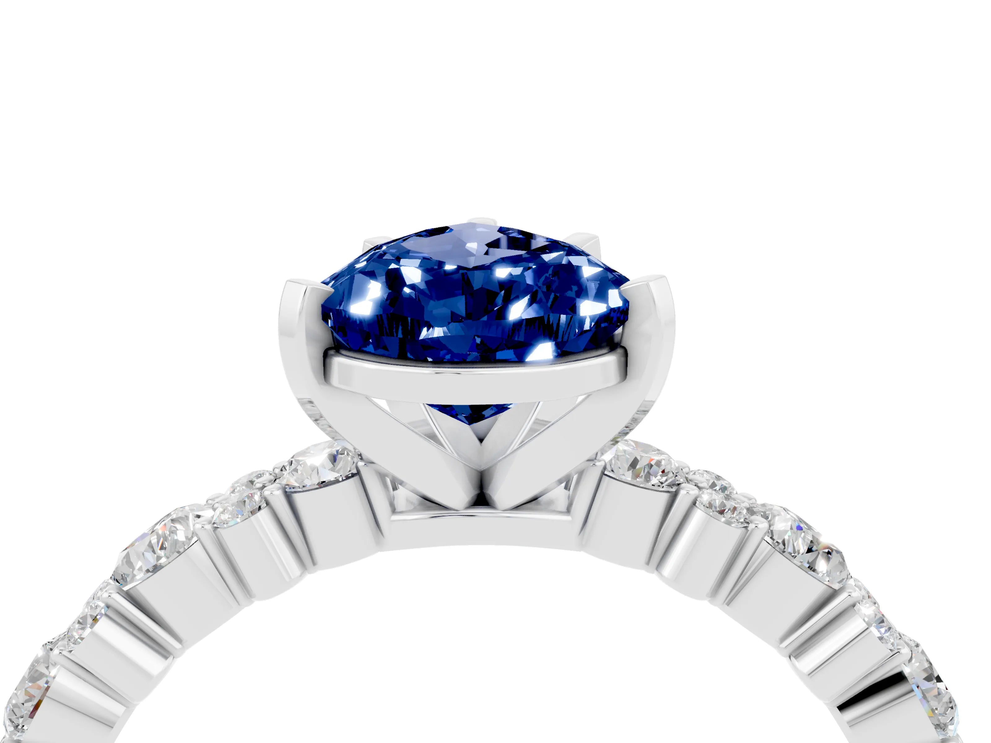 White gold Pear Cut Blue Sapphire Solitaire with Side Stones, Pave Band, Four-Prong Setting_28