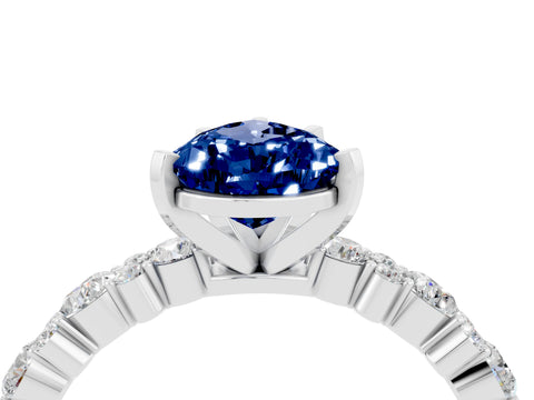 White gold Pear Cut Blue Sapphire Solitaire with Side Stones, Pave Band, Four-Prong Setting_28