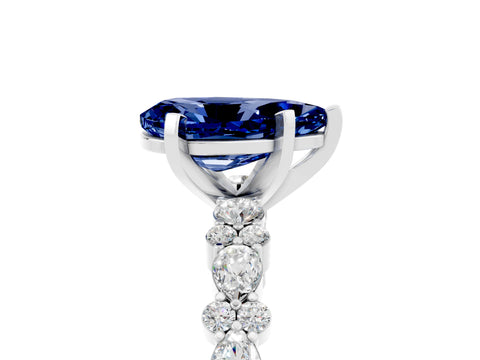 White gold Pear Cut Blue Sapphire Solitaire with Side Stones, Pave Band, Four-Prong Setting_29