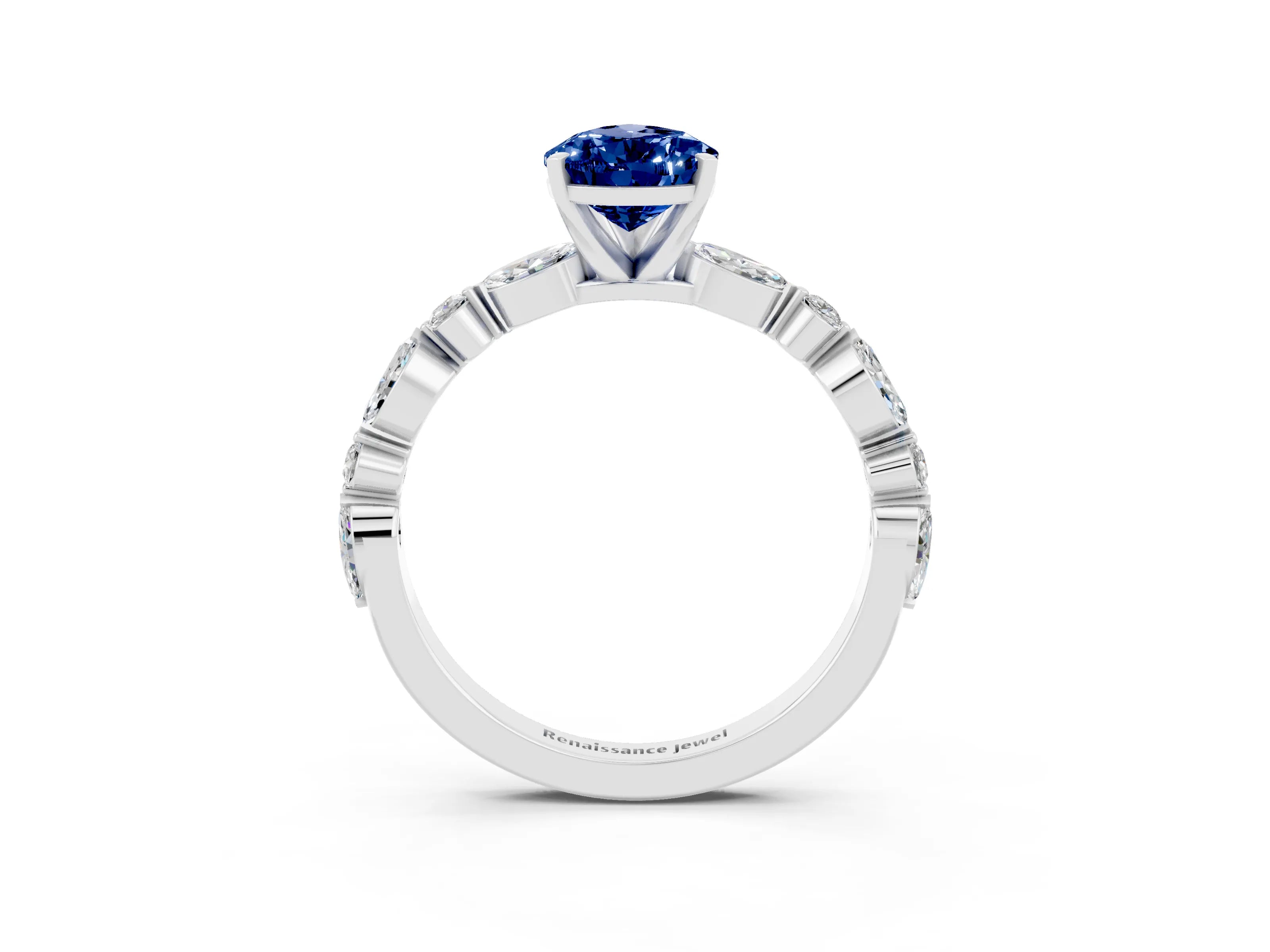 White gold Pear Cut Blue Sapphire Solitaire with Side Stones on a Pavé Band and Four-Prong Setting_3