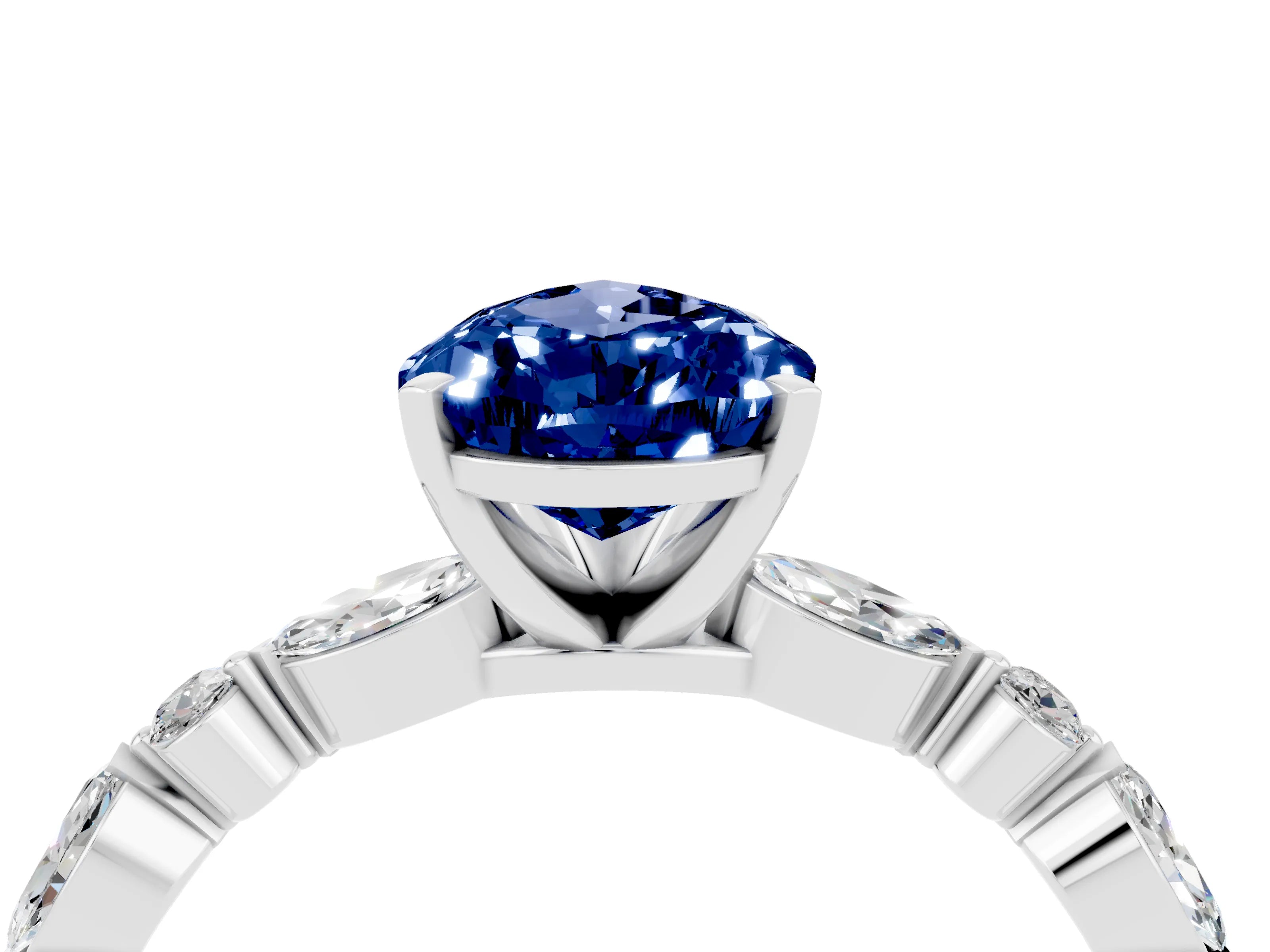 White gold Pear Cut Blue Sapphire Solitaire with Side Stones on a Pavé Band and Four-Prong Setting_4