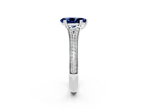 White gold Pear Cut Blue Sapphire Split Shank Engagement Ring with Pavé Band_2