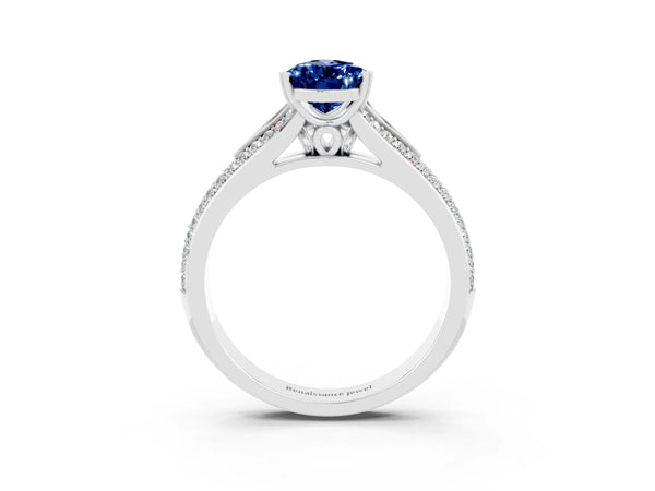 White gold Pear Cut Blue Sapphire Split Shank Engagement Ring with Pavé Band