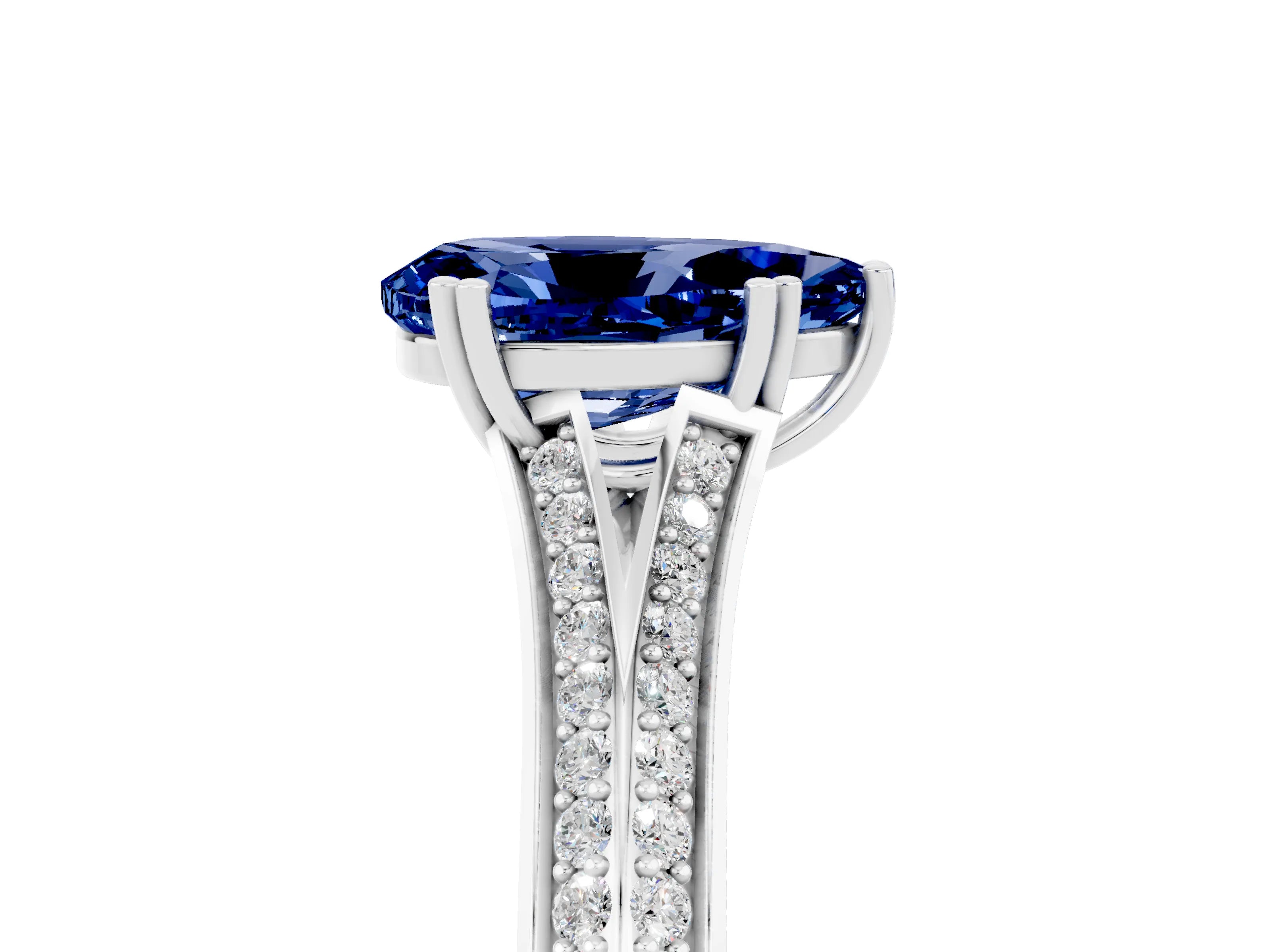 White gold Pear Cut Blue Sapphire Split Shank Engagement Ring with Pavé Band_5