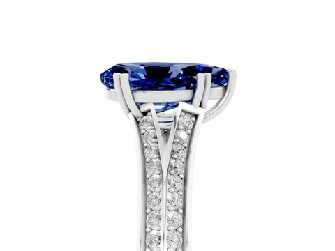 White gold Pear Cut Blue Sapphire Split Shank Engagement Ring with Pavé Band_5