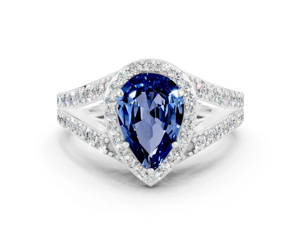 Silver Pear Cut Blue Sapphire Split Shank Halo Ring with Four-Prong Setting