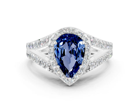 White gold Pear Cut Blue Sapphire Split Shank Halo Ring with Four-Prong Setting_12