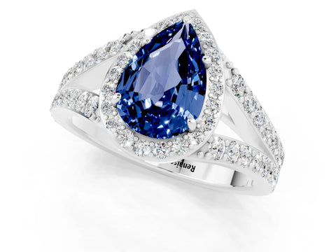 White gold Pear Cut Blue Sapphire Split Shank Halo Ring with Four-Prong Setting_13
