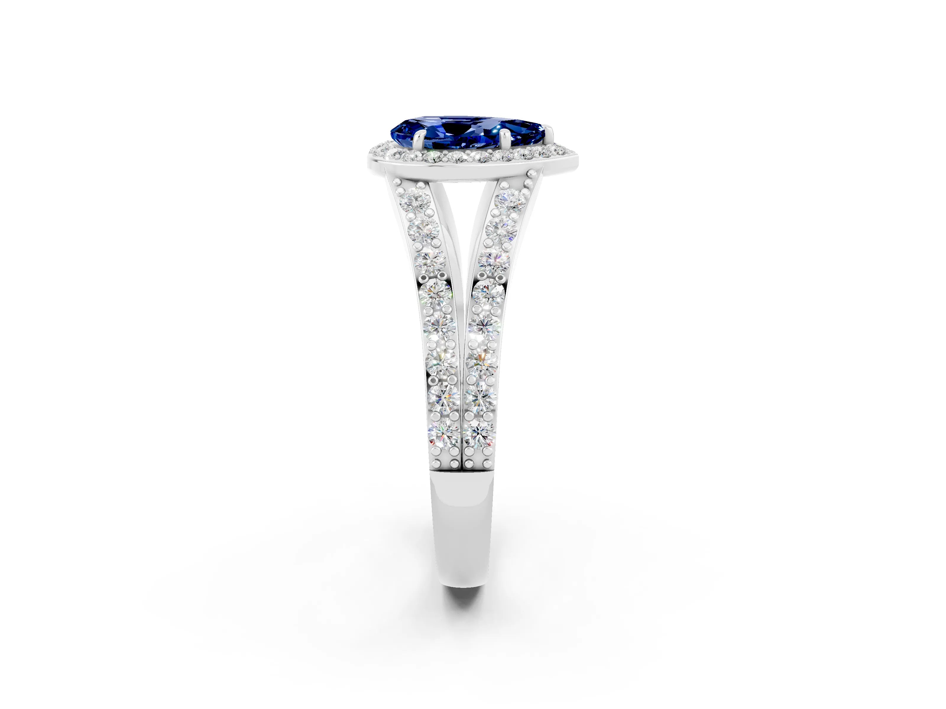 White gold Pear Cut Blue Sapphire Split Shank Halo Ring with Four-Prong Setting_14