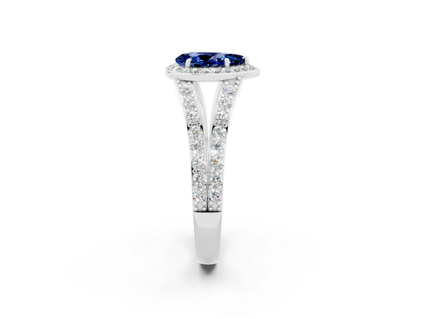 Silver Pear Cut Blue Sapphire Split Shank Halo Ring with Four-Prong Setting