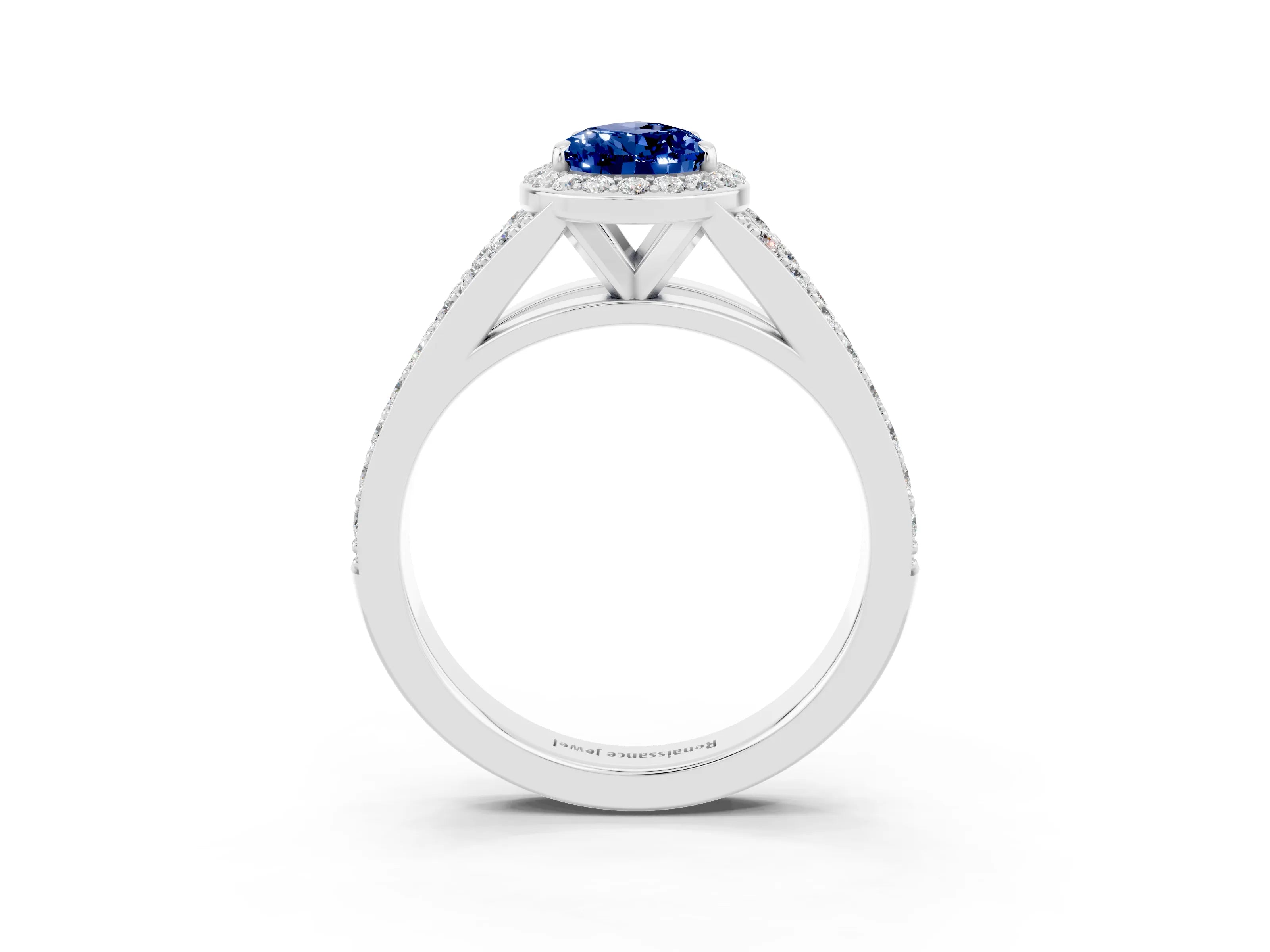 White gold Pear Cut Blue Sapphire Split Shank Halo Ring with Four-Prong Setting_15