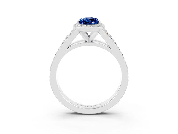 Silver Pear Cut Blue Sapphire Split Shank Halo Ring with Four-Prong Setting