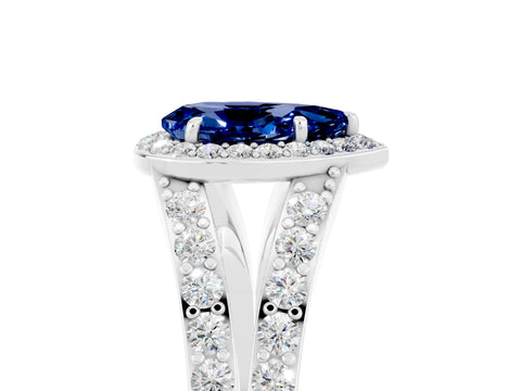 White gold Pear Cut Blue Sapphire Split Shank Halo Ring with Four-Prong Setting_17