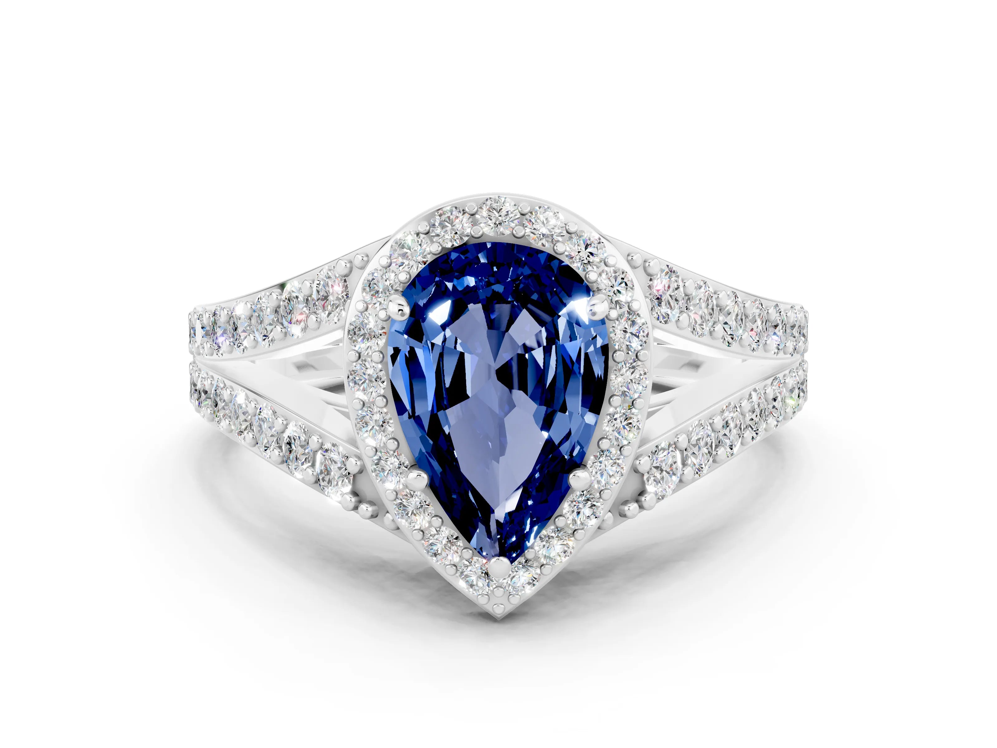 White gold Pear Cut Blue Sapphire Split Shank Halo Ring with Four-Prong Setting_24