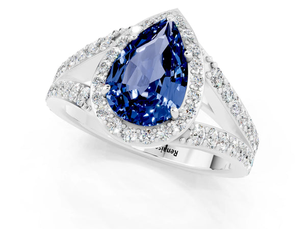 White gold Pear Cut Blue Sapphire Split Shank Halo Ring with Four-Prong Setting