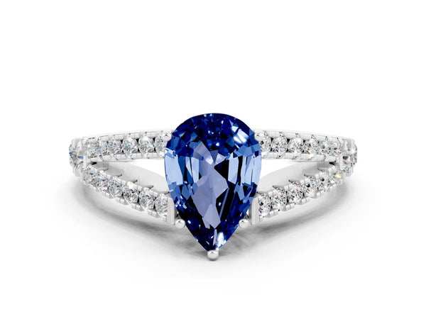 Silver Pear Cut Blue Sapphire Split Shank Pavé Engagement Ring with Four-Prong Setting