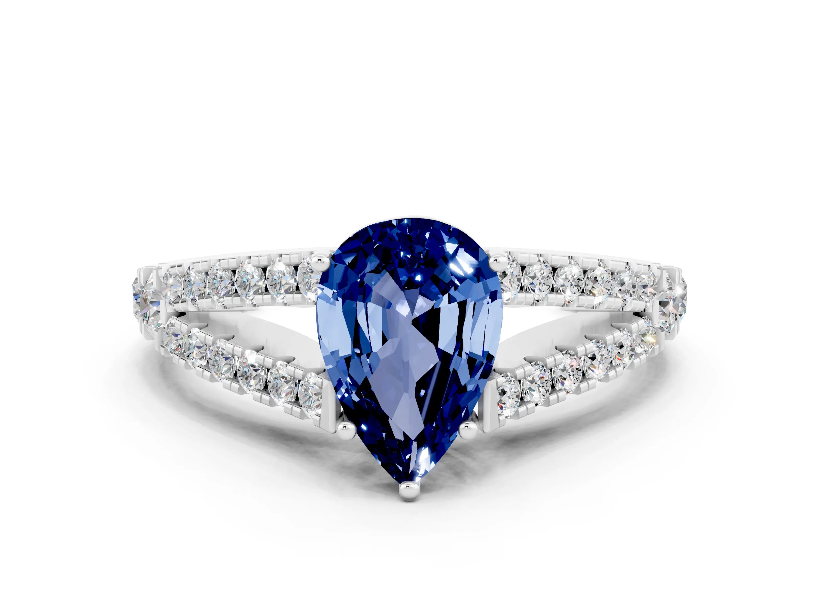 White gold Pear Cut Blue Sapphire Split Shank Pavé Engagement Ring with Four-Prong Setting_12